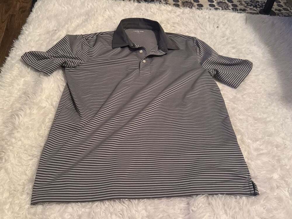 Lands' End Men's Small Grey Striped Performance Polo‎ Shirt